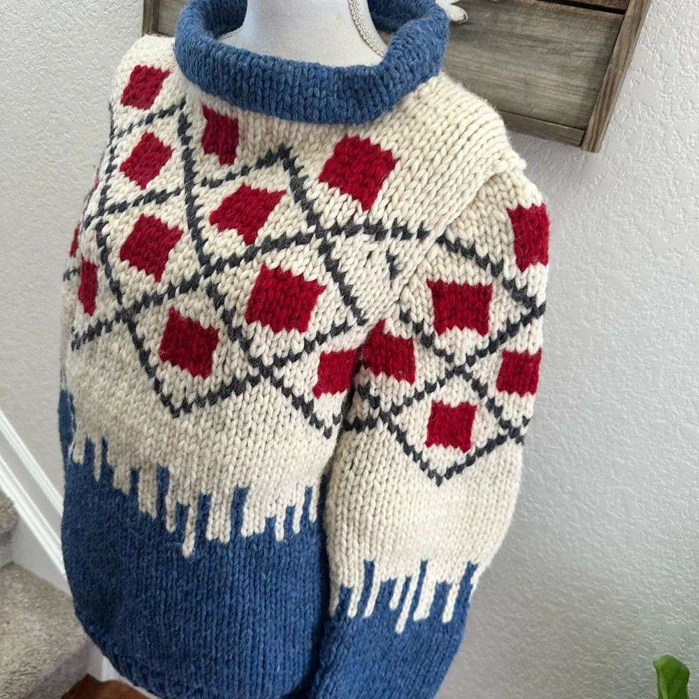 LE CAVALIER KANATA SWEATER HANDKNIT BLUE/RED 100% wool‎ chunky size 42